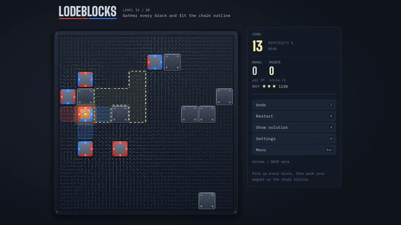 LodeBlocks gameplay: a magnet with blocks snapped onto it.