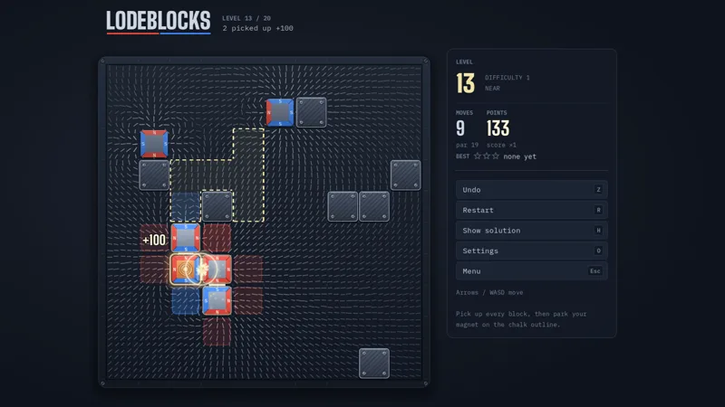 A copper magnet pulling a line of blocks toward itself, each snap marked by a spark.